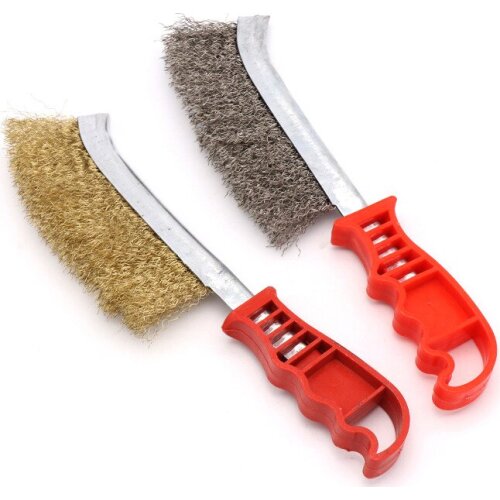 BBQ Grill Cleaning Brush Red Plastic Handle Steel Wire Brush Copper Plating Derusting Brush Barbecue Mesh Cleaning Accessories