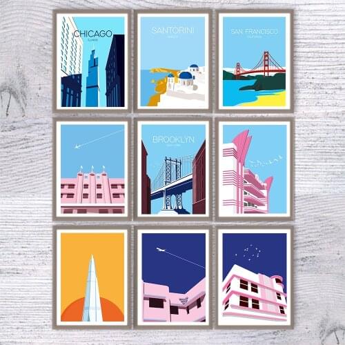 Vintage Travel print Art Painting Santorini Miami Francisco Airplane Vintage Travel Cities Landscape Posters Wall Art Picture