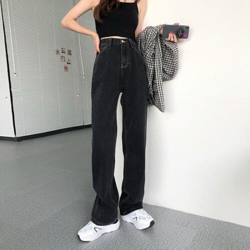 High Waist Black Gray Jeans Women Fashion Ins Straight Jean for Womans Casual Denim Pants Streetwear White Lines Mom Jeans 2020