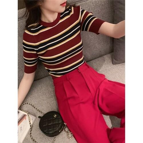 Women Knitted T-Shirt Short Sleeve Tops Striped Slim Elastic Casual Tee Shirt