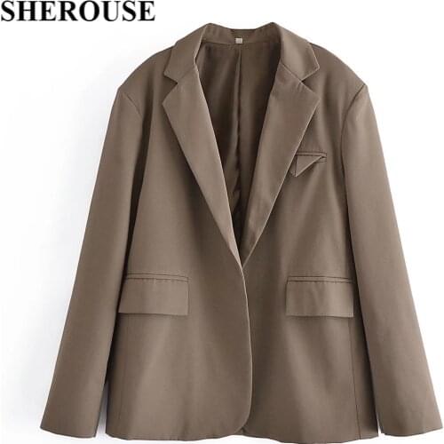 SHEROUSE Women Fashion Blazer Casual Triangle Flap pocket Long Sleeves Office Lady Suit Woman Oversized Blazer Suit veste femme