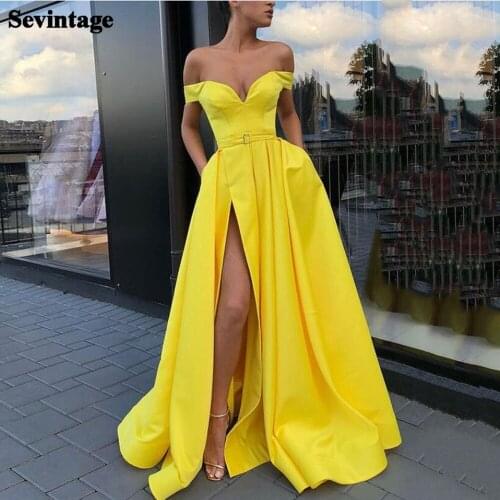 Sevintage Yellow Satin Long Prom Dresses with High Side Slit Off The Shoulder Evening Party Gowns Pleated Womens Formal Dress