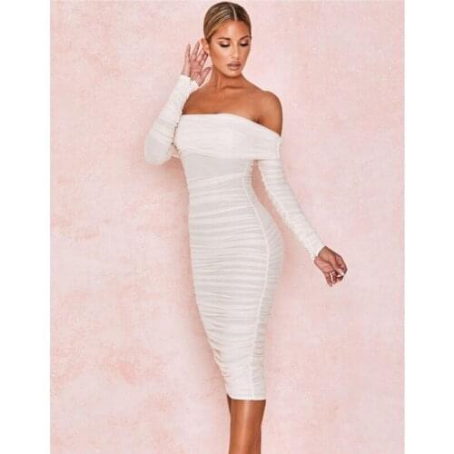 Sexy Bodycon Dress Autumn Women Double Layer Mesh Pleated Long Sleeve Midi Dresses Solid Color Off Shoulder Elegant Party Dress