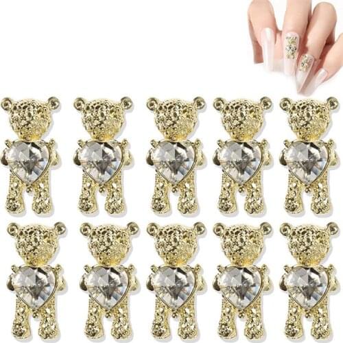 10 Pieces Of Love Bear Nail Art Decoration 3D Metal Gold And Silver Color Nail Art Crystal Jewelry Nail Art Accessories