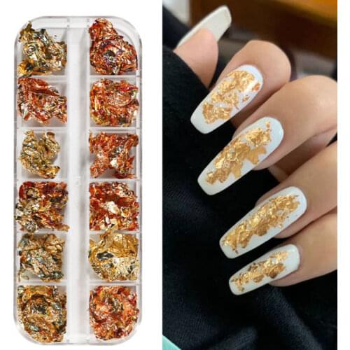 1 Box 12 Grids Mixed Nail Color Golden Foil Paper Ultra-thin Double-sided Aluminum Foil Nail DIY Design Decoration Accessories