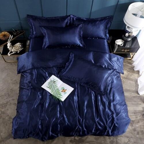 2/3/4pcs American Style Silk Bedding Set King Queen Size Satin Dark Blue Duvet Cover Solid Color Set Simple Beautiful Bedclothes