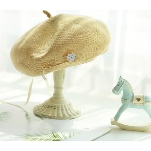 Spring and summer soft breathable Korean Joker Painter hat girl cartoon cat pin thin beret