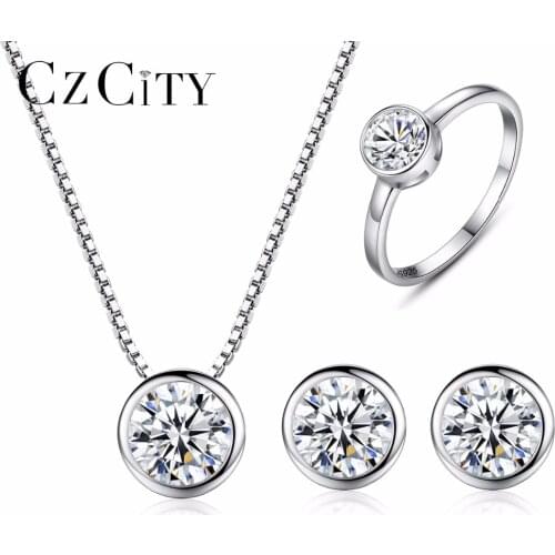 CZCITY 925 Sterling Silver Jewelry Set Sparkling One Carat CZ Crystal Jewelry Sets Wedding Engagement Jewelry Valentines Day