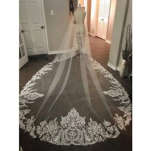 Designed Bridal Veils 2 Tiers Long 3 M *1.5 M Cathedral Lace Edge Bridal Wedding Veils with Blusher Face Free Shipping