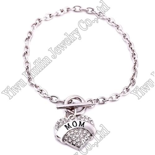 Hot Selling fashion rhodium plated with sparkling crystals MOM heart charm bracelet