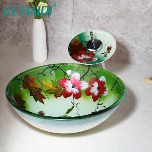 KEMAIDI Noverl Design Flower Deck Mounted Chrome Finish Faucet Washbasin Bathroom Glass Sink With Water Pop Up Drain Basin Set