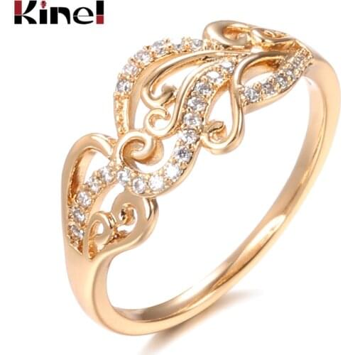 Kinel Hot Ethnic Bride Wedding Ring 585 Rose Gold Hollow Flower Pattern Natural Zircon Rings for Women Fine jewelry