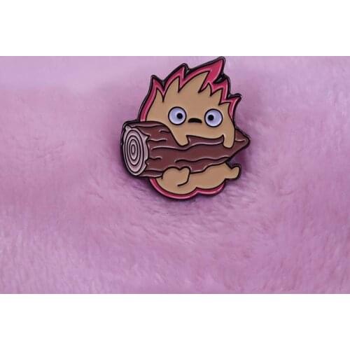 Cute Calcifer wood badge pin funny fire demon badge anime accessory