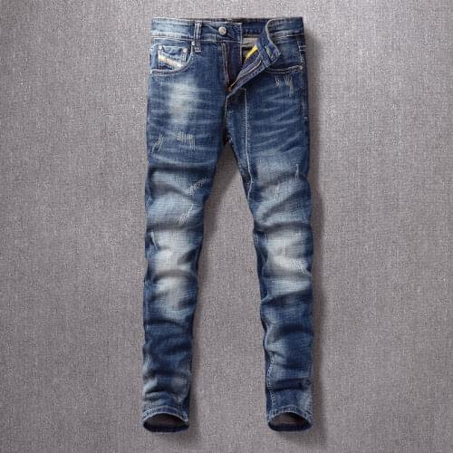 Italian Style Fashion Men Jeans Retro Blue Elastic Slim Fit Ripped Jeans Men Distressed White Wash Vintage Designer Denim Pants