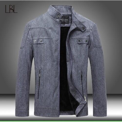 Men Leather Jacket Slim Fit Stand Collar PU Jacket Motorcycle Fleece Warm Zipper Coat Male Retro Casual Faux Overcoat Clothes