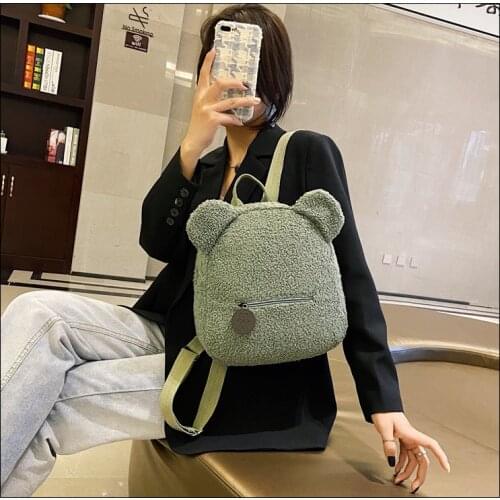 Newest Arrival Women Girls Cute Bear Ear Fleece Small Backpacks Casual Warm Lambswool Daypack Bags Shoulder Bags Backpacks