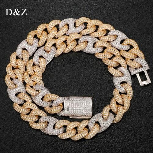 D&Z 15mm Iced Out Cuban Chain 2 Stone Colors Link Chain Box Clasp Necklace Hip Hop Men Fashion Jewelry CZ Stones Hip Hop Rapper