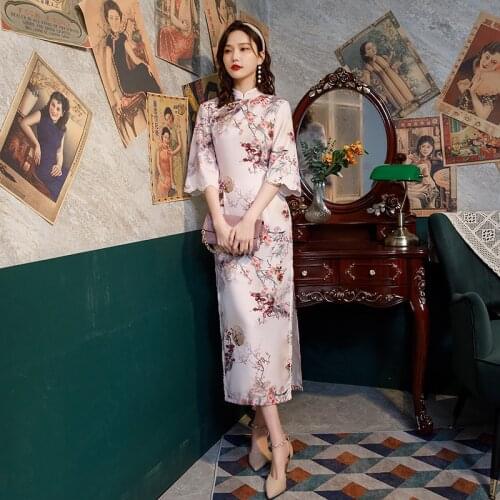 Summer Chinese Women Long Cheongsam Dress Elegant Sexy Vintage Printed Traditional Dress Classy Ladies Qipao Casual Vestidos