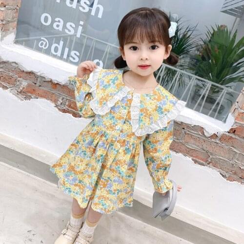 Girls Dress 2021 Kids Clothes Princess Dress Elegant Floral Print Baby Spring Autumn Cotton Long-sleeved Dresses CLY022