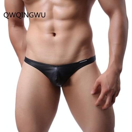 Sexy Underwear Men Mini Briefs Thong Low Waist Gay Male Funny Jockstrap Panties Summer T-Back Fake Leather Brief Thongs
