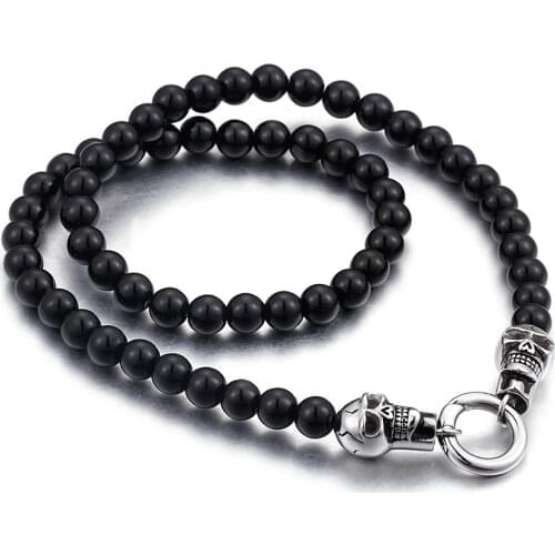 TrustyLan Punk Rock Double Skull Jewelry Sets Black Bracelet & Necklace Set For Men Stainless Steel Black Beads Jewellery