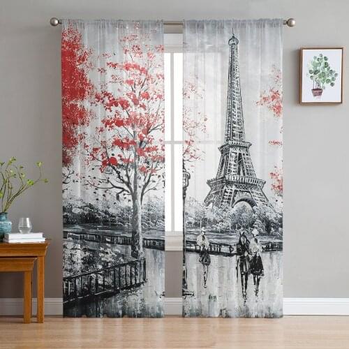 Eiffel Tower Oil Painting Tulle Curtains For Living Room Bedroom Transparent Tulle Curtains Window Drapes Sheer Curtain