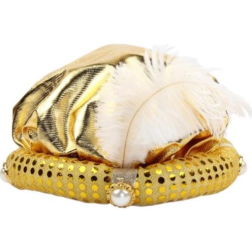 Feather Plume Faux Pearl Glitter Turban Gold Gypsy Fortune Teller Hat Cosplay Party Costume Theater Props