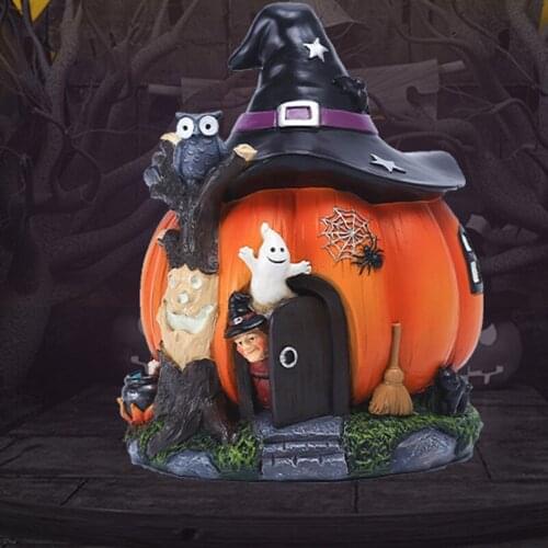 Halloween Theme Ornament Luminous Resin Witch Pumpkin House For Home Living Room Garden Decoration @ls