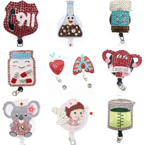 New arrival 10 styles rhinestone enamel nurse Retractable ID Badge Holder reel