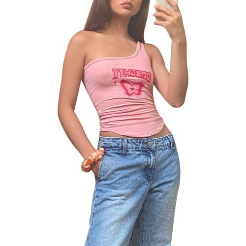 Women Sexy One Sleeve T-shirt Summer Female Pattern Print Stylish Irregular Patterns Oblique Shoulder Crop Top Spring Tees 2021