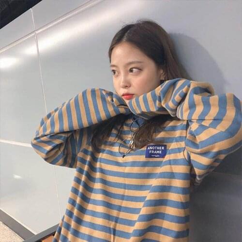 Korean Ulzzang O-Neck Striped T-shirt Women Casual Long Sleeve Loose T-Shirt Color Block Retro Cotton T-Shirts Femmal