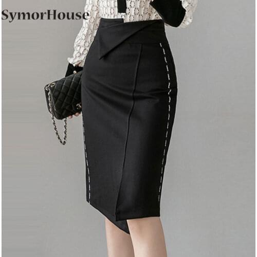 Women Slim Midi Asymmetric Split Skirt High Waist Stretch Black Pencil Skirts Formal Office OL Skirts For Women Faldas