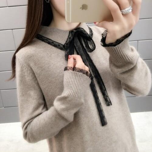 New Autumn Winter Women Pullover Sweater Fashion Lace Bow tie Knitted Jumper Top Soft Warm Female Sweater Basic Casual Top P71