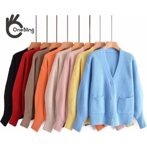 OneBling Za Woman 2021 Winter Traf Sweater V-Neck Cardigans Female Chic Knitted Pockets Loose Long Sleeve Tops Casual Coat