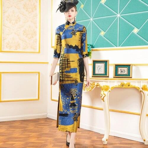 2021 Chinese Style Women Jacquard Straight Dress Brocade Luxury Thin Dresses Sexy Split Wedding Evening Dress Vintage Dress