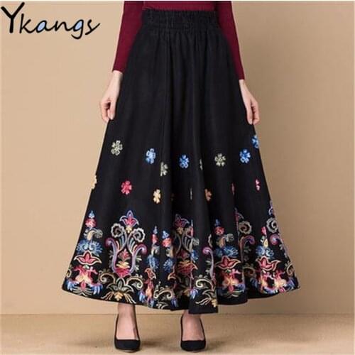 Winter Warm Plus Size Fllower Embroider Woolen Maxi Skirt Women Elegant High Waist Pleated Skirt Korean Mom Office Lady Clothes