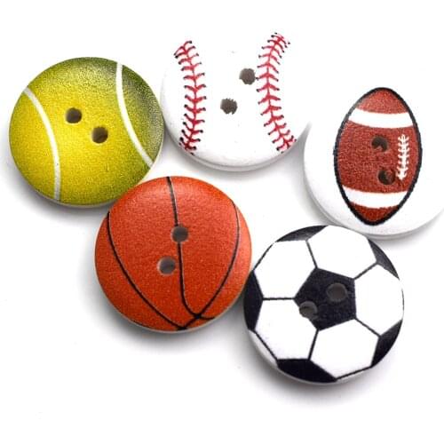 2-Holes Mixed Round Wood Buttons Printed Ball Sports Decorative Button for Boys Clothes Basketball Football 15MM Sewing Button