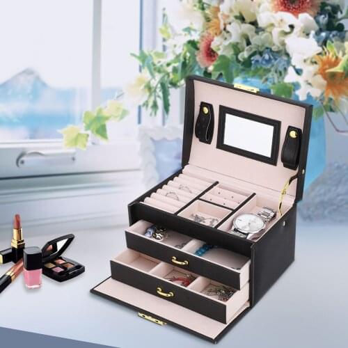 3 Tiers PU Leather Jewelry Storage Case Display Box Holder Organizer with Mirror Built-in mirror for wearing makeup