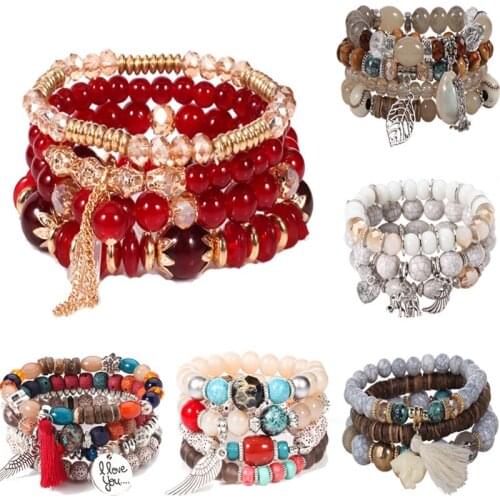4pcs/set Fashion Multilayer Crystal Lava Stone Beads Wing Tassel Bracelets & Bangles Pulseras Mujer Jewelry for Women Gift