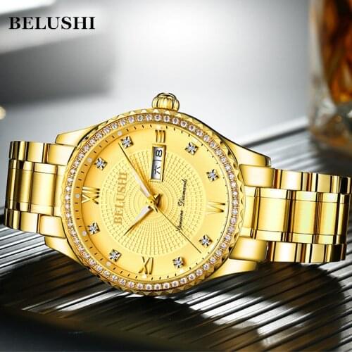 BELUSHI Luxury Mens Sport Watch Gold Full Steel Quartz Watches Men Date Waterproof Luminous Clock Watch Relogio masculino