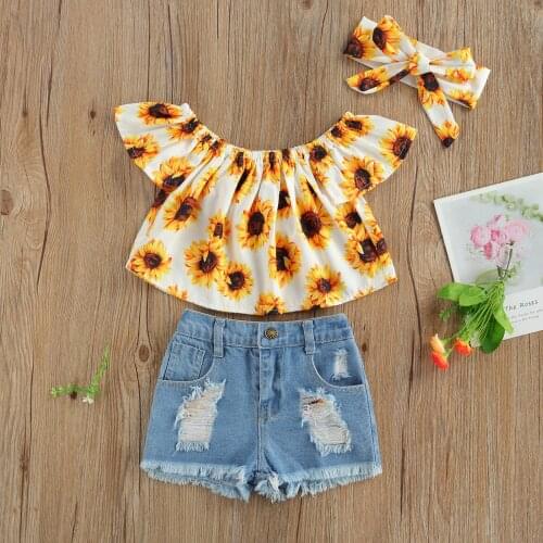 2 Pieces Kids Suit Set, Girls Sunflower Print Boat Neck Short Sleeve Tops+ Denim Shorts for Summer, Yellow 2021 New Fashion