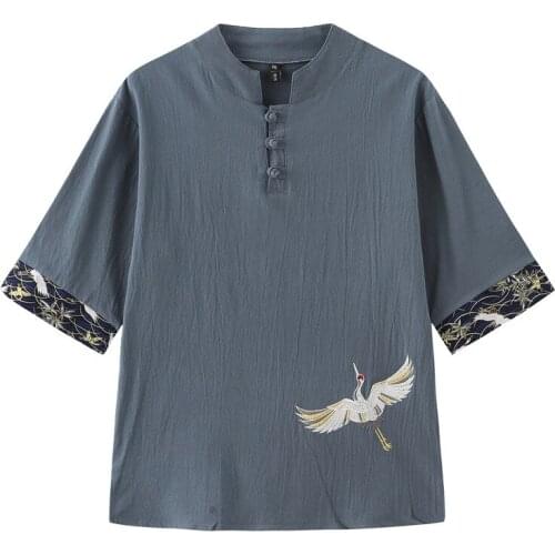 2021 Short-sleeved T-shirt Mens Crane Logo Embroidery Buckle Large Size Unisex Men and Women Retro Style Summer Casual Top