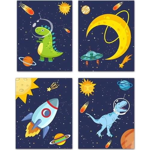 Dinosaur Outer Space Painting Canvas Solar System Planet Astronaut Childrens Room Hanging Paintings Wall Art Baby Decor