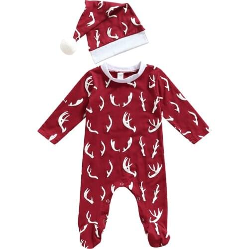 0-12 M Toddlers Creative Antler Printing Long Sleeve Round Collar Footed Jumpsuit + Plush Ball Cap 2Pcs Baby Boys Girls Outfit