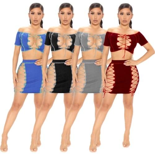 Irregular Drawstring Knit Rib Dress Set 2 Piece Outfits Sexy Off the Shoulder Cross Lace Up Crop Top Skirts Club Two Piece Set