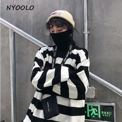 NYOOLO Autumn winter striped warm sweater Casual loose long sleeve knitted turtleneck pullovers sweaters women/men clothing tops