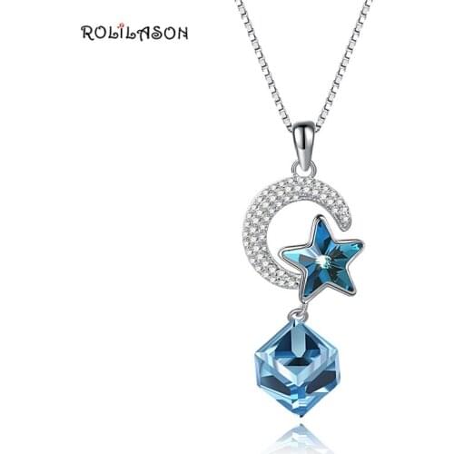 ROLILASON 925 Sterling Silver white crystal Blue zircon Necklace pendant For Women wedding gift fashion Jewelry SP49