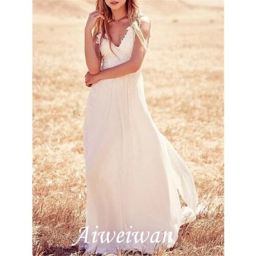 A-Line Wedding Dresses V Neck Strapless Sweep/Brush Train Chiffon Lace Spaghetti Strap Country Boho Backless with Appliques 2021