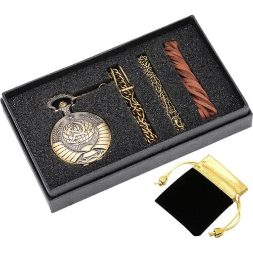 Retro Bronze Communist Hammer Sickle Display Full Hunter Quartz Pocket Watch Set Bag Box Necklace Chains Souvenir Gifts