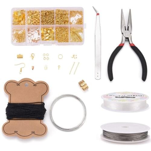 DIY Jewelry Making Sets Brass Crimp Beads and Iron Findings with Tools Pliers Tweezers Wire Antique Bronze Golden Silver